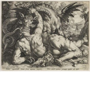 Kupferstich von Hendrick Goltzius, Der Drache verschlingt die Gefährten des Kadmus, nach Cornelis van Haarlem, 1588